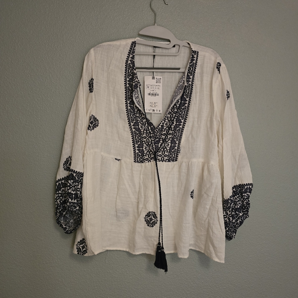 Embroidered White and Black Women's Top